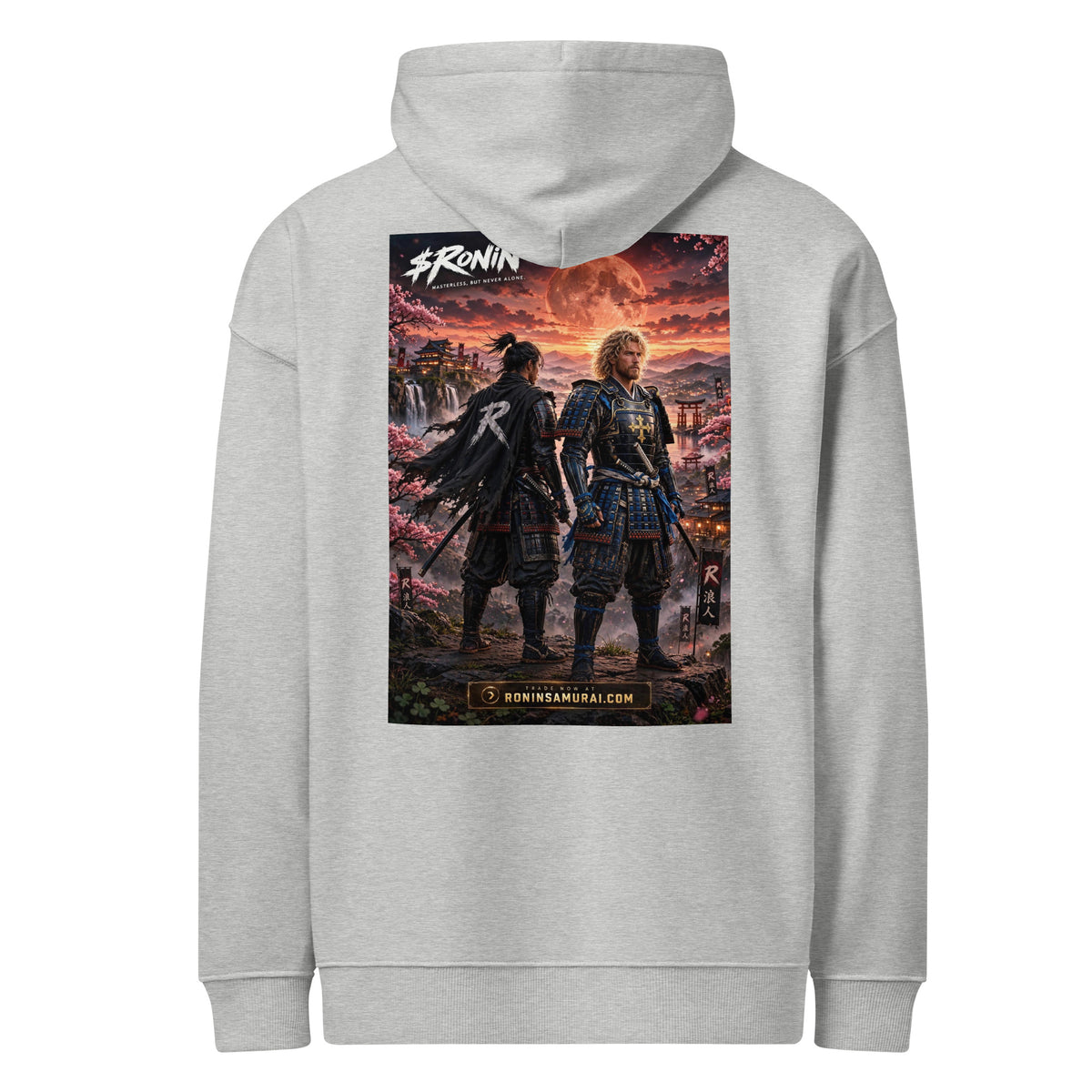 Sworn Brothers Ronin Hoodie, heather grey back: two warriors, a dark-haired ronin and a golden-haired samurai in blue armor, under a blood-red moon with a white $RONIN