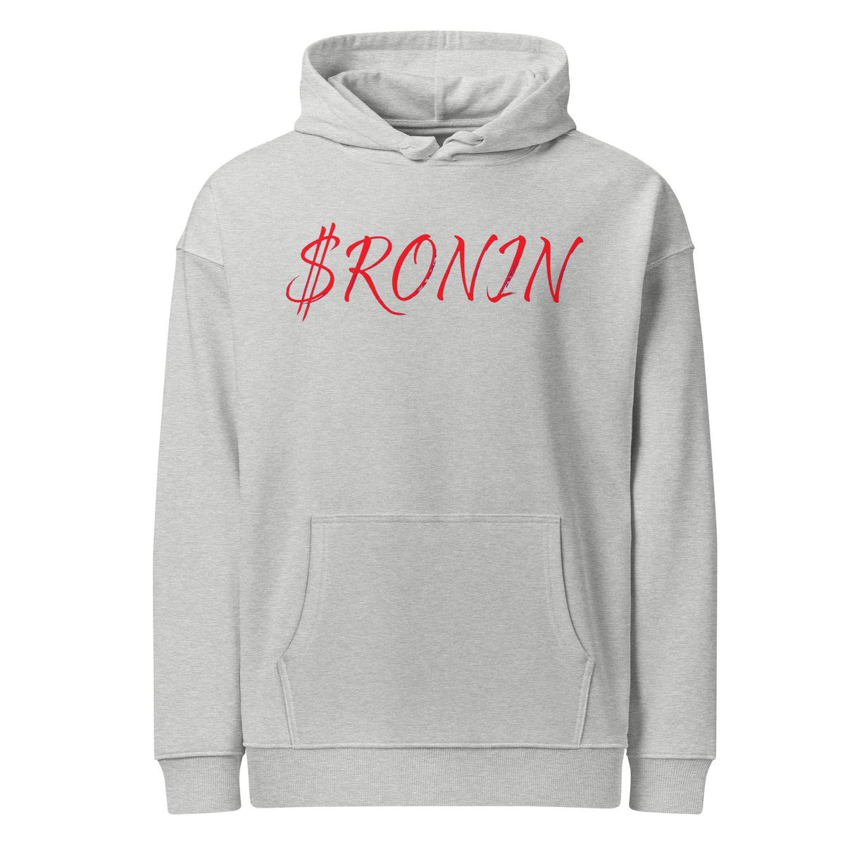 Ink Heart Ronin Clan Hoodie, heather grey front: red script $RONIN across the chest
