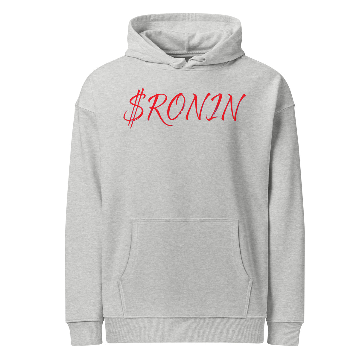Obsidian Heart Ronin Hoodie, heather grey front: red script $RONIN across the chest
