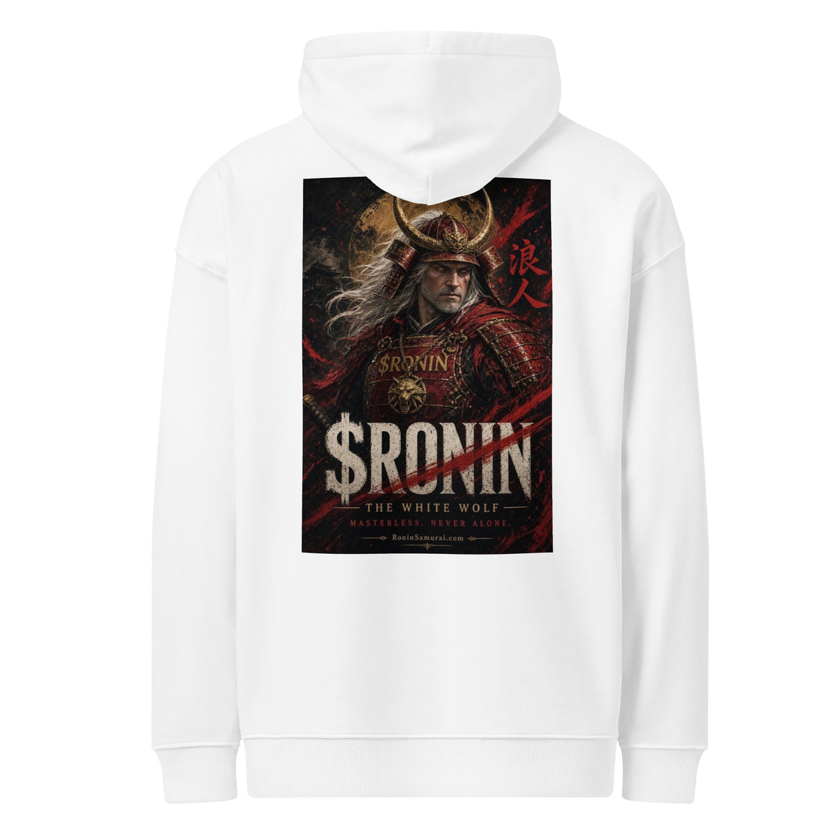 Silver-Haired Ronin Hoodie, white back: back print of a silver-haired, scarred warrior in crimson armor and gold-horned kabuto under a bold $RONIN title
