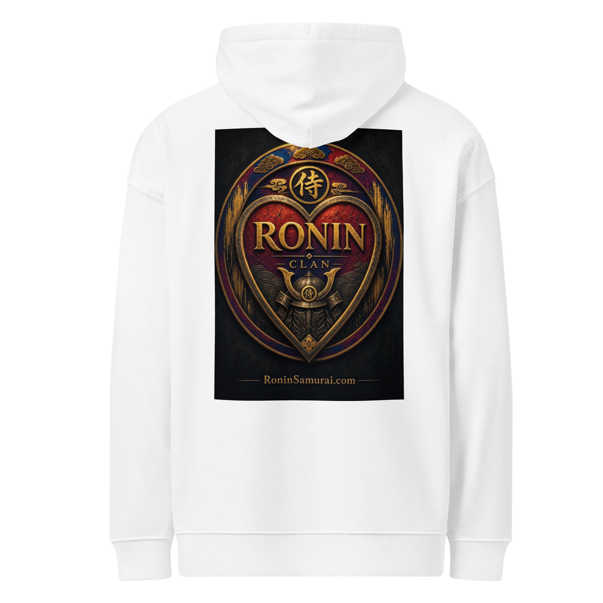 Royal Crest Ronin Clan Hoodie, white back: gilded red-and-gold heart shield with the 侍 seal, RONIN CLAN and kabuto emblem