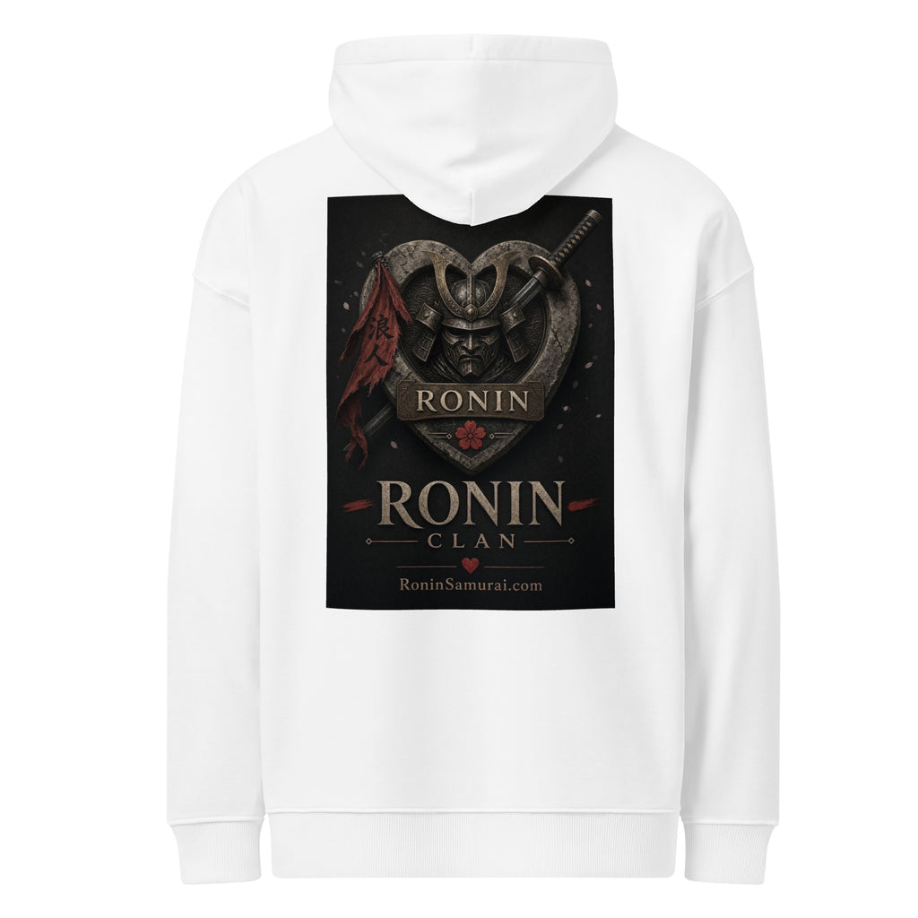 Kabuto Heart Ronin Clan Hoodie, white back: stone heart with a masked kabuto warrior, katana and red banner, RONIN CLAN