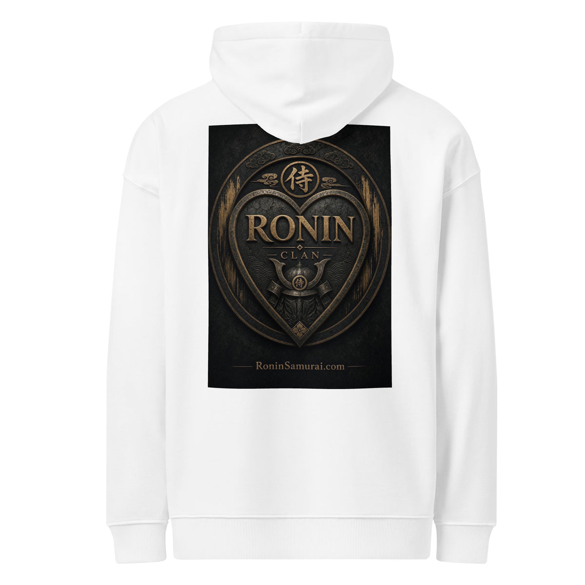 Bronze Crest Ronin Clan Hoodie, white back: bronze heart shield with the 侍 seal, RONIN CLAN and a kabuto emblem