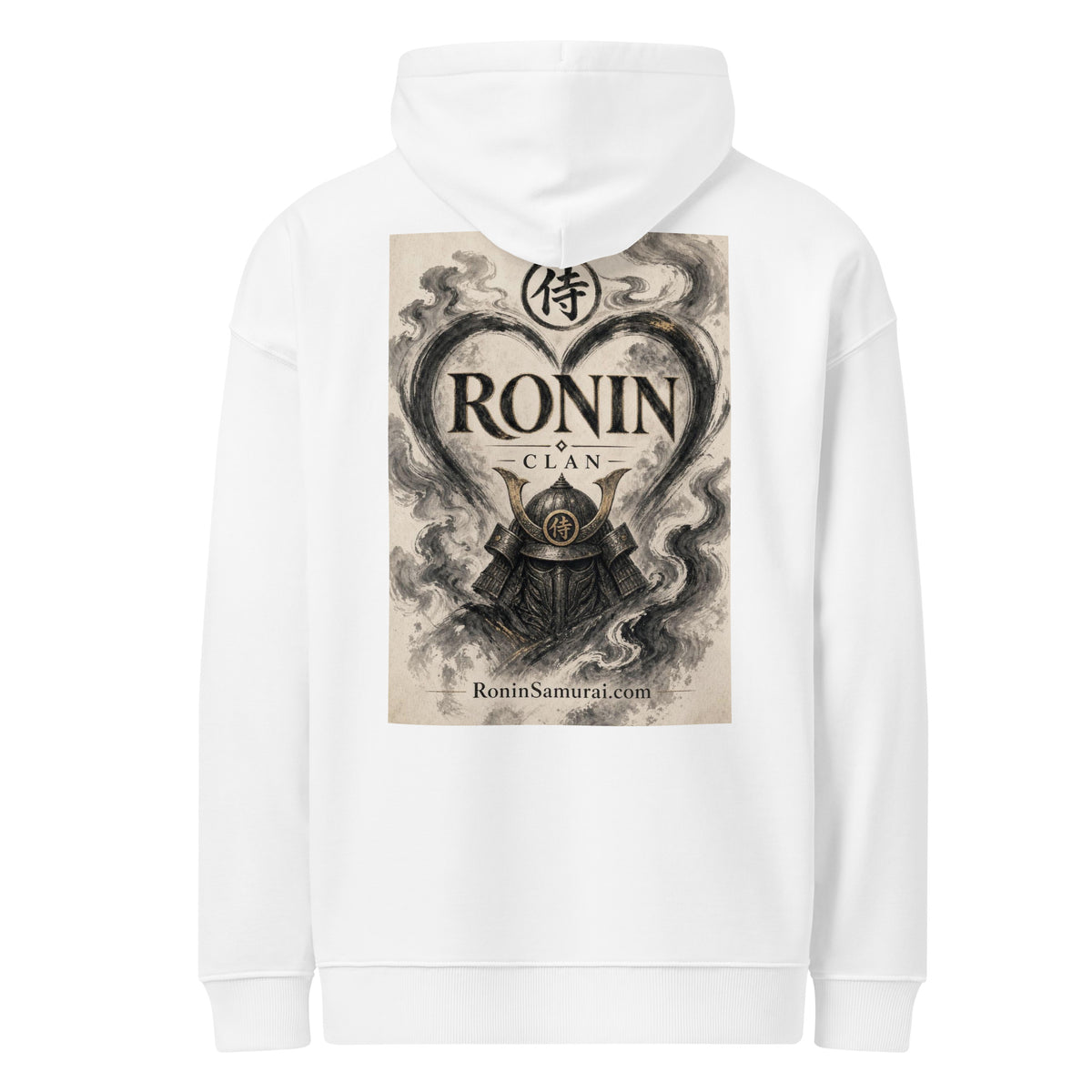 Ink Heart Ronin Clan Hoodie, white back: ink-wash heart around a kabuto helmet on cream paper, 侍 seal and RONIN CLAN