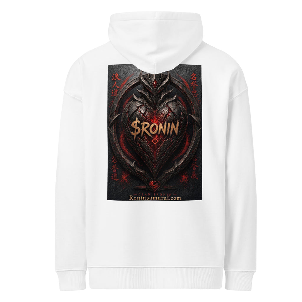 Obsidian Heart Ronin Hoodie, white back: spiked black armored heart with a glowing red core and $RONIN, red kanji at the sides