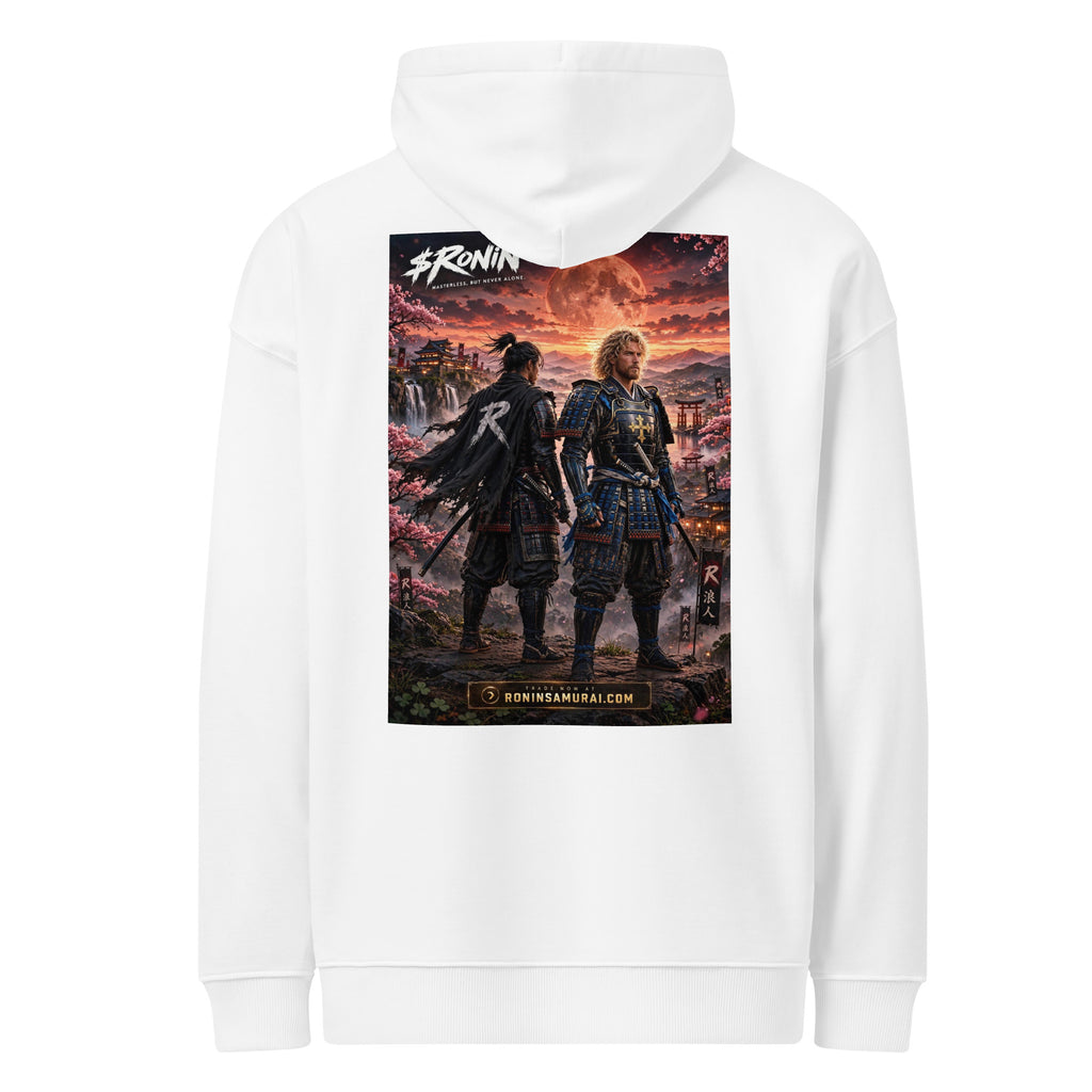 Sworn Brothers Ronin Hoodie, white back: two warriors, a dark-haired ronin and a golden-haired samurai in blue armor, under a blood-red moon with a white $RONIN