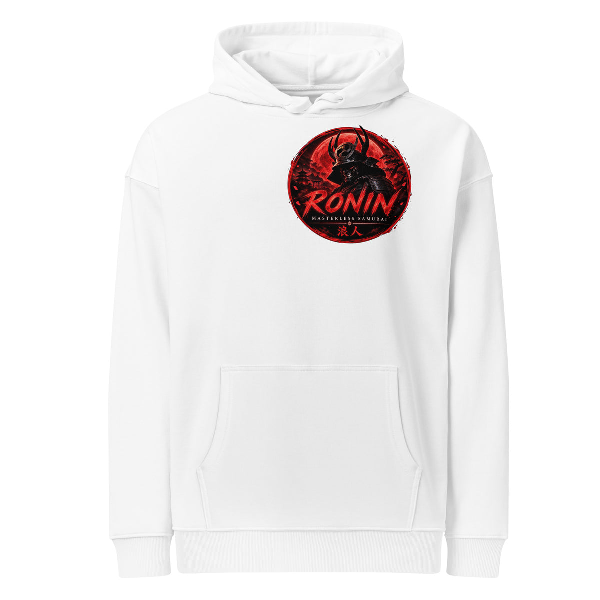 Silver-Haired Ronin Hoodie, white front: red RONIN crest on the chest