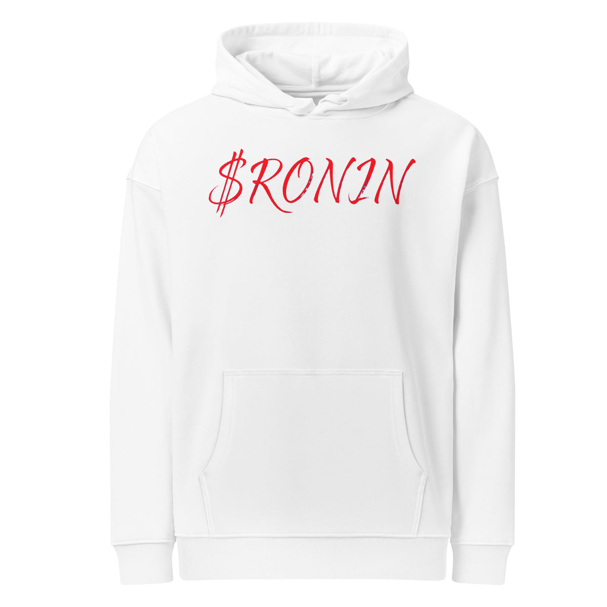 Obsidian Heart Ronin Hoodie, white front: red script $RONIN across the chest