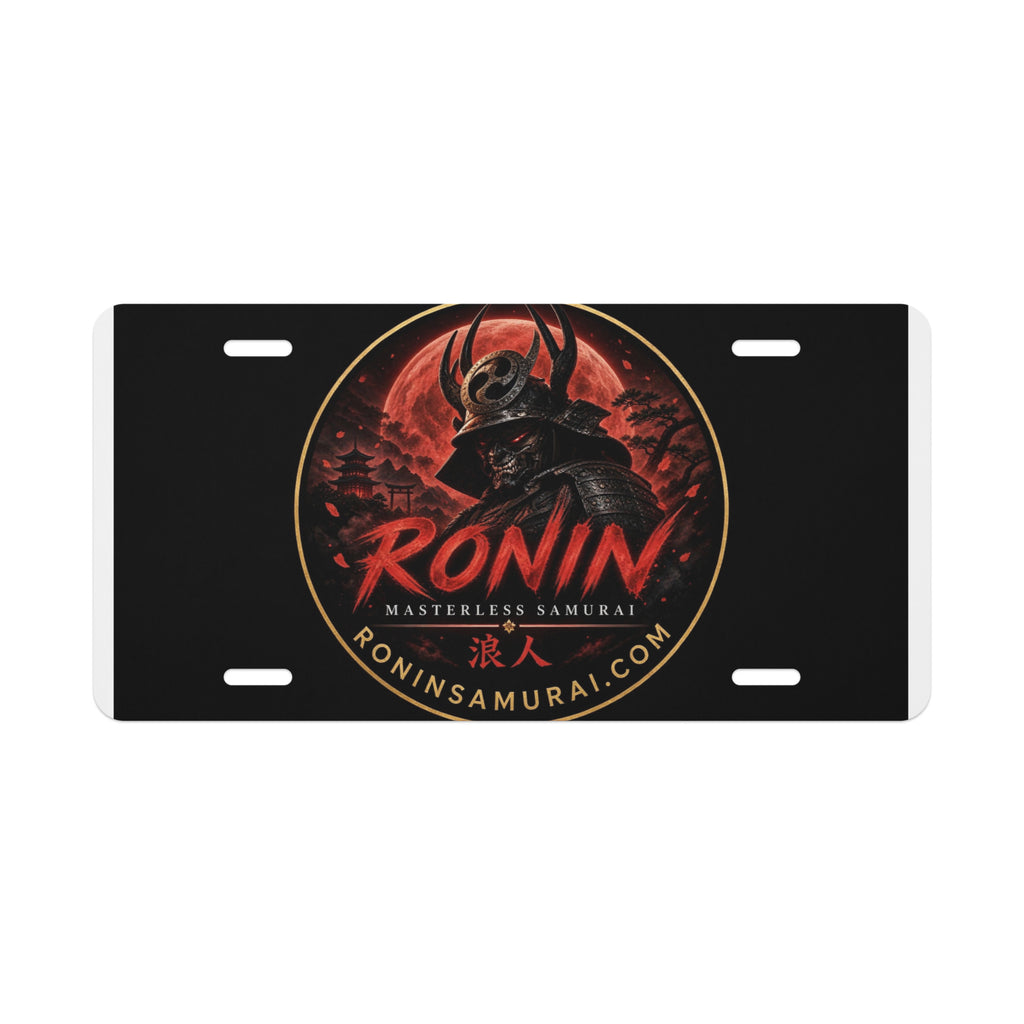 Ronin Crest License Plate: black vanity plate with the RONIN blood-moon samurai crest