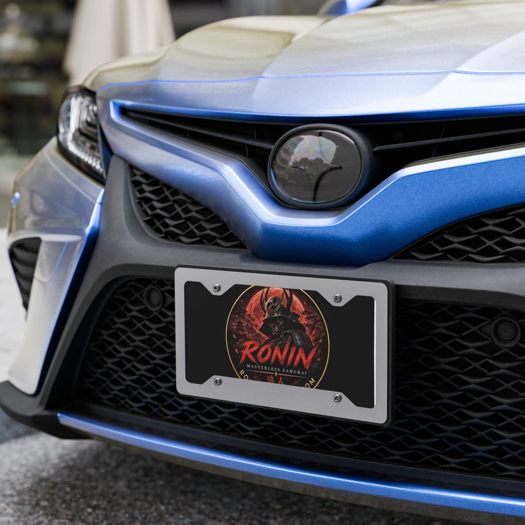 Ronin Crest License Plate: black vanity plate with the RONIN blood-moon samurai crest