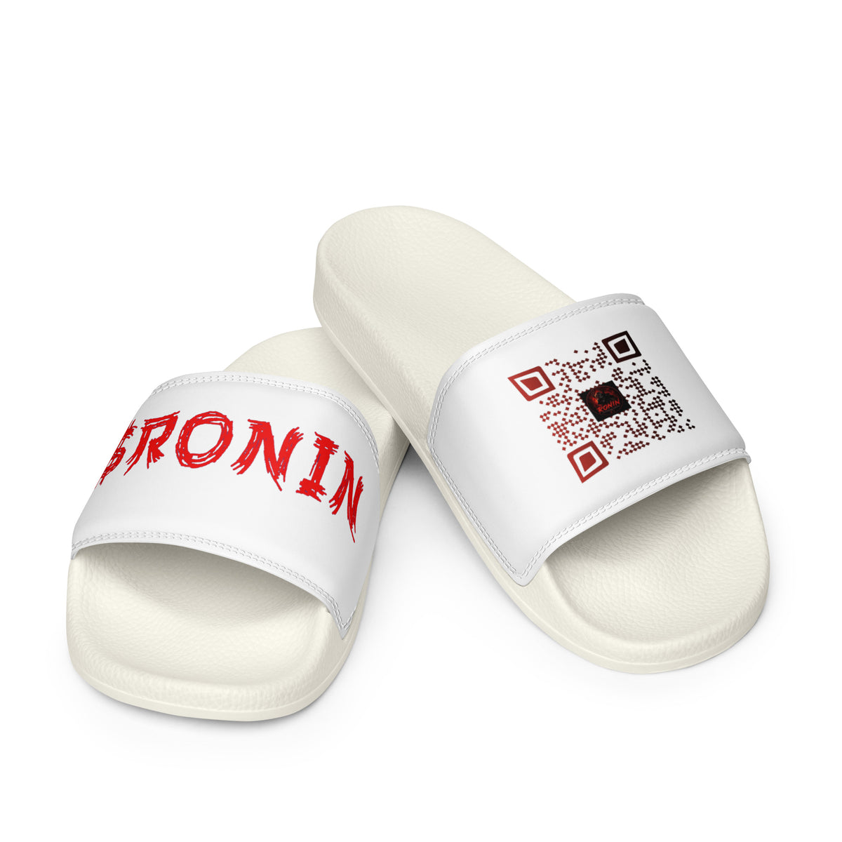 $RONIN Women's Slides: white slide straps with red $RONIN and RONIN QR code