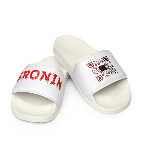 $RONIN Women's Slides: white slide straps with red $RONIN and RONIN QR code